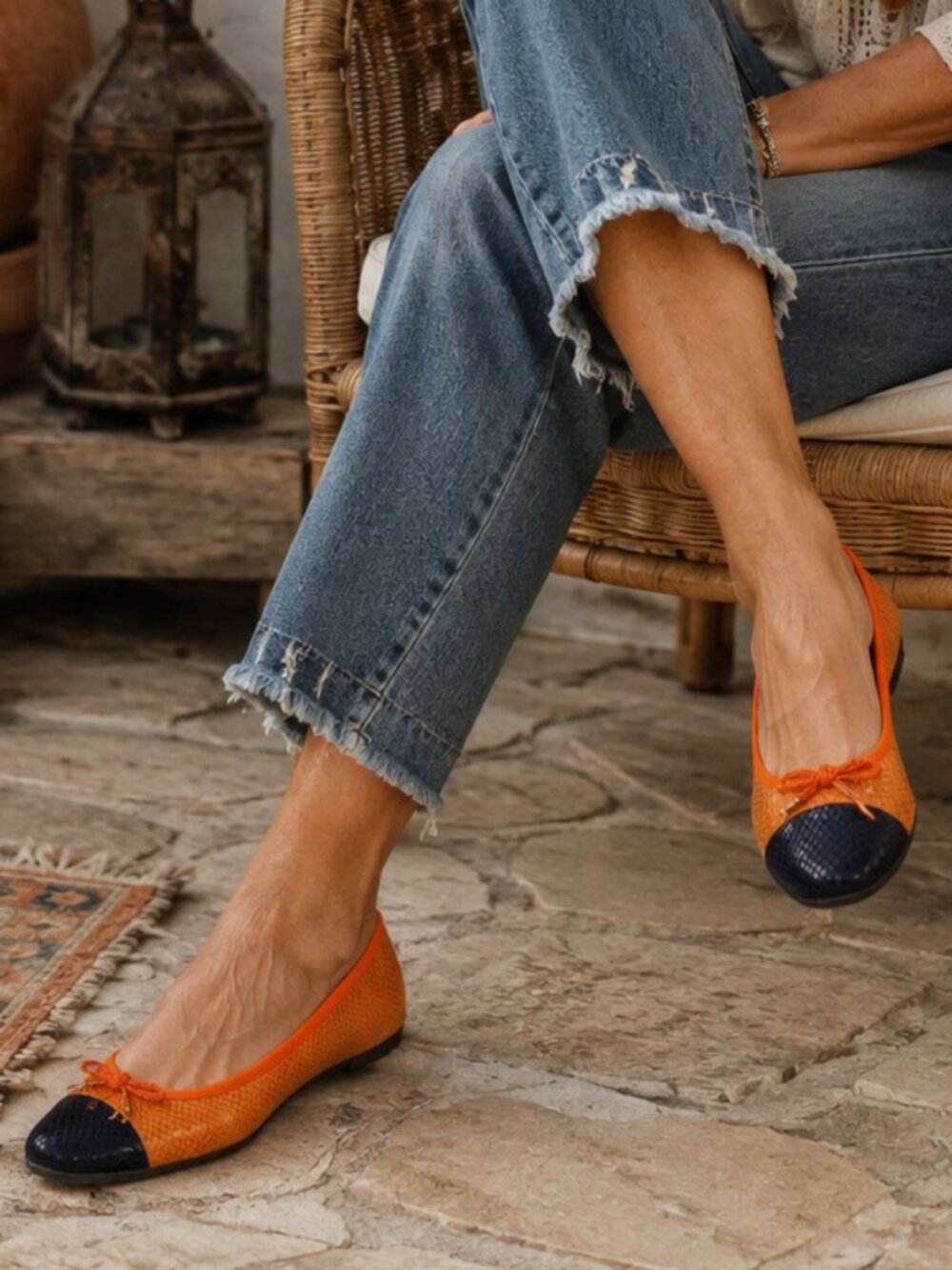 Paul Mayer Attitudes Orange Navy Snakeskin Embossed Leather Ballet Flats